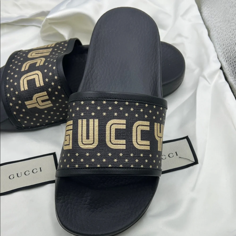 Gucci Black Slides with Gold Logo - Picture 3 of 4